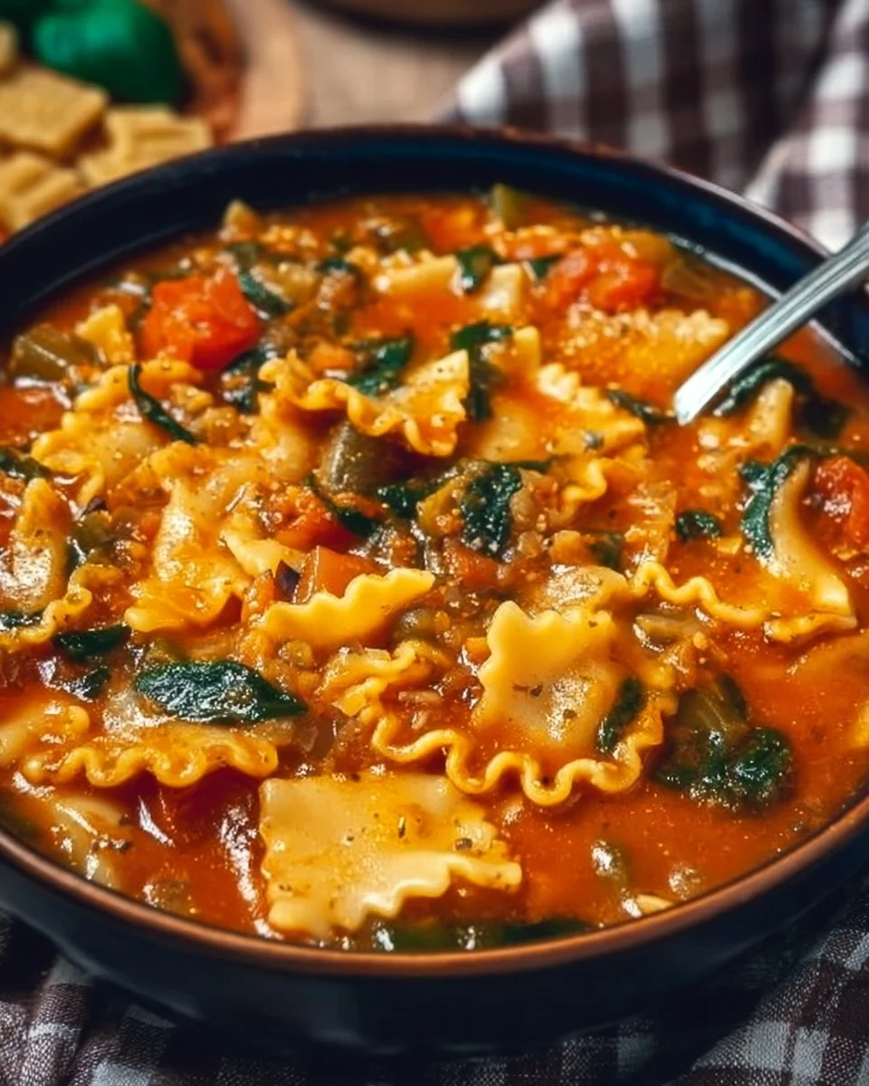 Delicious Vegan Lasagna Soup served in a bowl with fresh herbs and ingredients.
