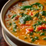 Bowl of Vegan Red Lentil and Spinach Soup and spices