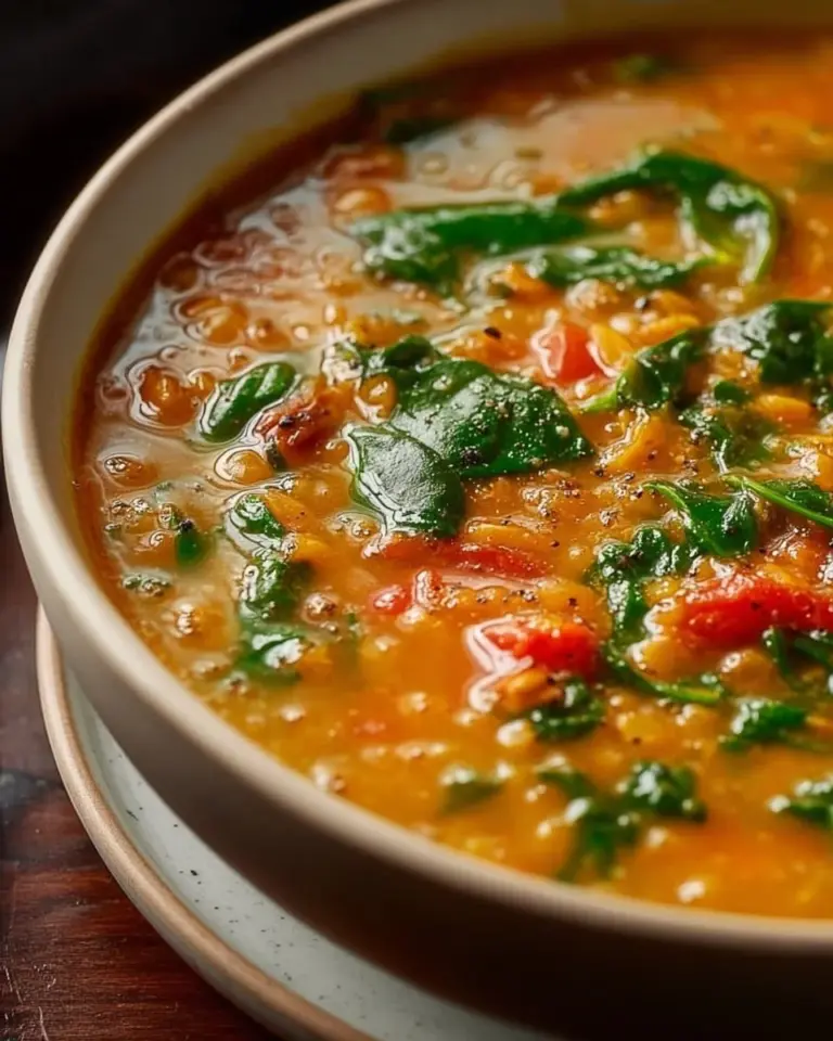 Bowl of Vegan Red Lentil and Spinach Soup and spices