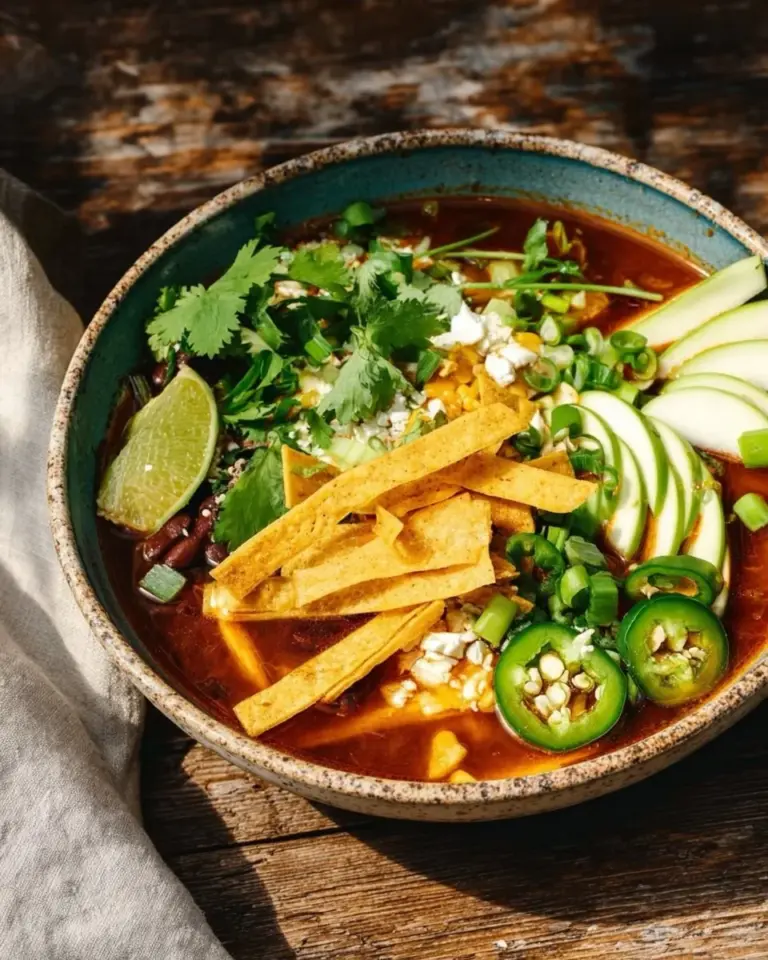 Bowl of Vegan Tortilla Soup with fresh ingredients and tortilla strips