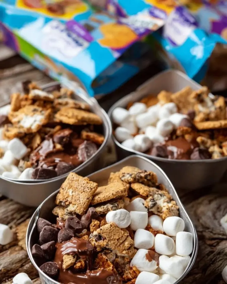 Walking S'mores served at a campfire, showcasing delicious layers of chocolate and marshmallow