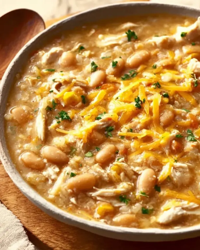 Bowl of creamy White Chicken Chili topped with cilantro and shredded cheese