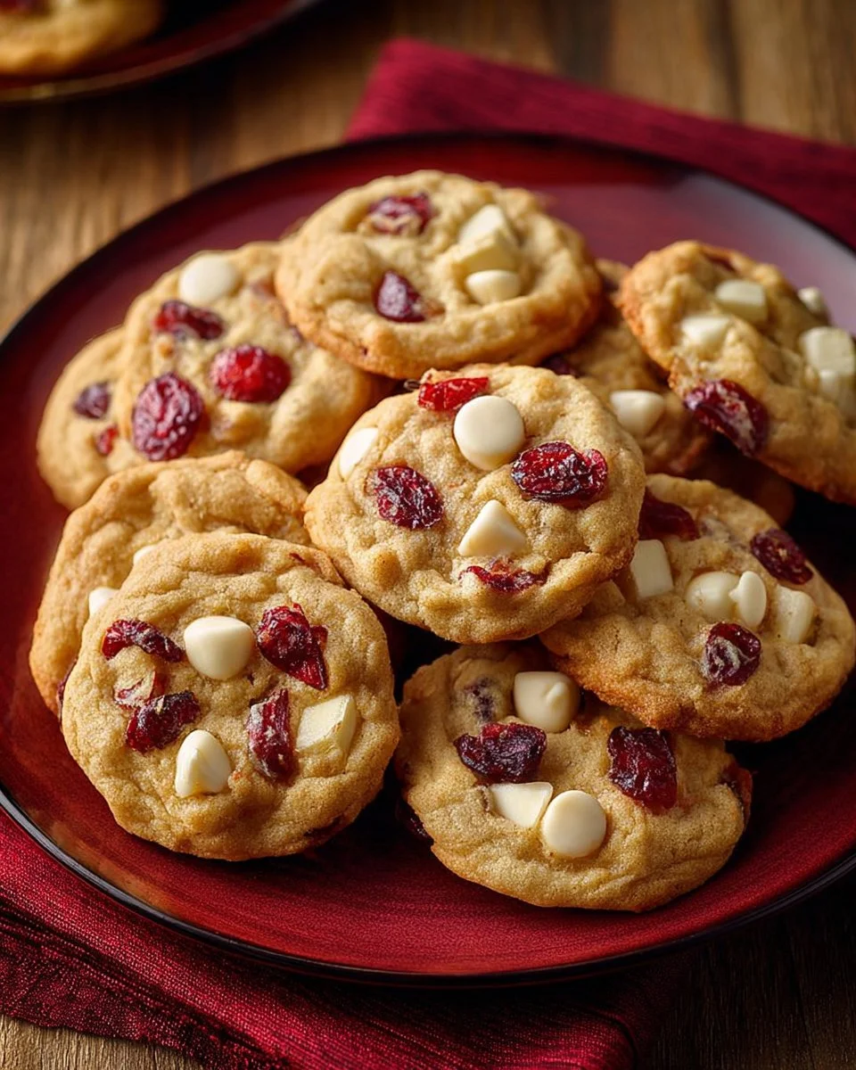 Batch of homemade white chocolate cranberry cookies on a cooling rack