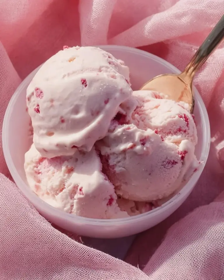 A bowl of white chocolate raspberry protein ice cream topped with fresh raspberries