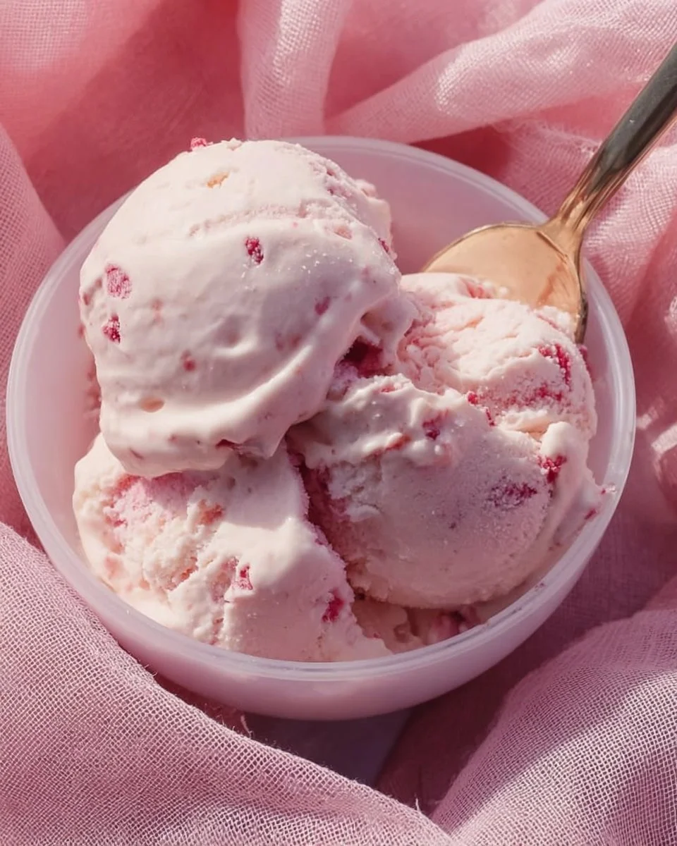 A bowl of white chocolate raspberry protein ice cream topped with fresh raspberries