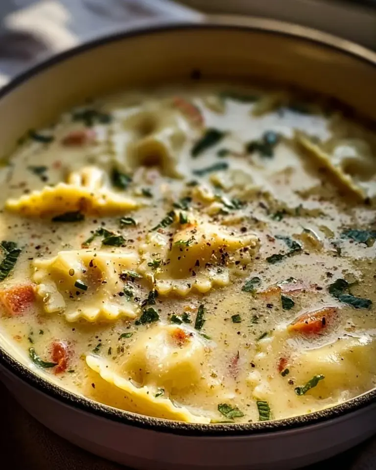 Creamy white lasagna soup in a bowl topped with herbs and cheese.