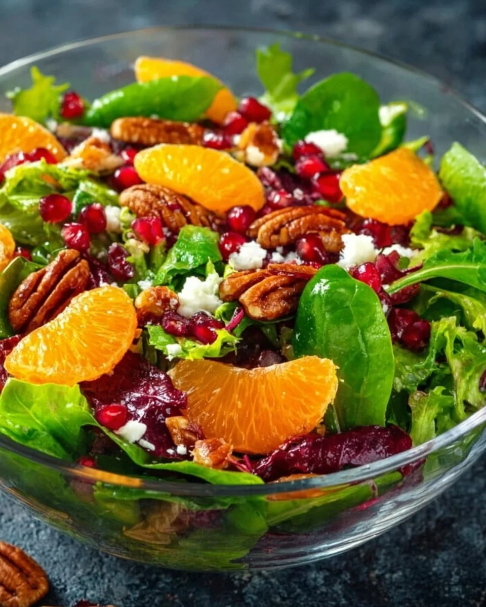 A colorful winter salad featuring seasonal greens, nuts, and dressing