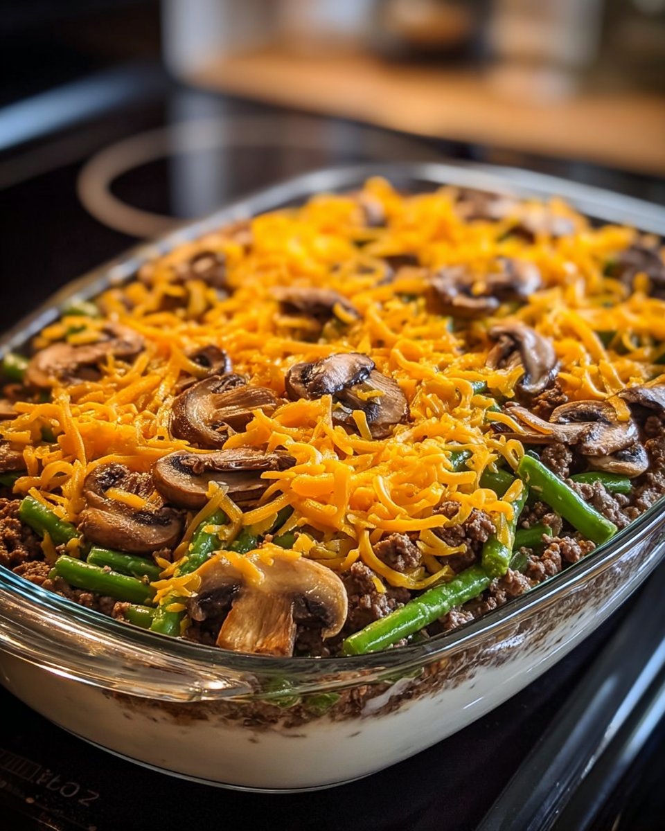 Hamburger Green Bean Casserole with Mushrooms made easy!