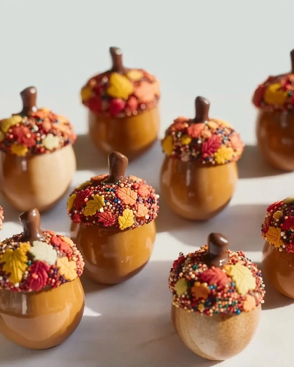 Acorn donut holes arranged on a plate, topped with sugar and drizzled with glaze.