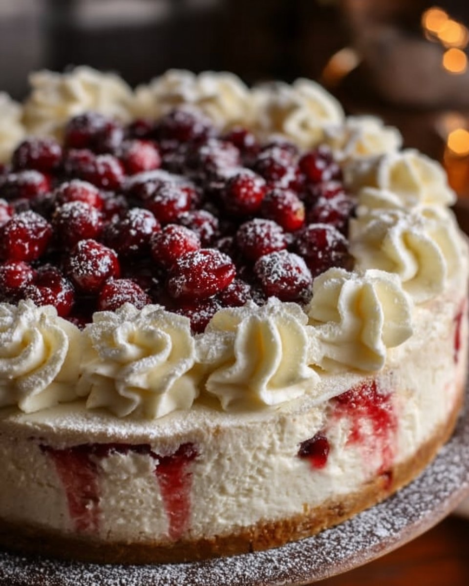 Vanilla Bean Cheesecake with Cranberry Jam and White Chocolate Mousse