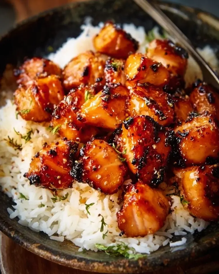 Crispy Air Fryer Bang Bang Salmon Bites served on a plate