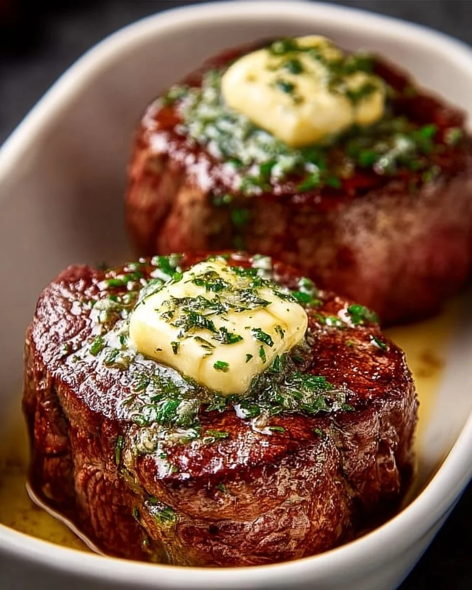 Juicy air fryer filet mignon steak plated with herbs