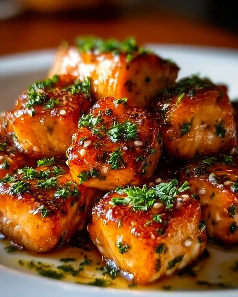 Crispy Air Fryer Honey Garlic Salmon Bites served on a plate