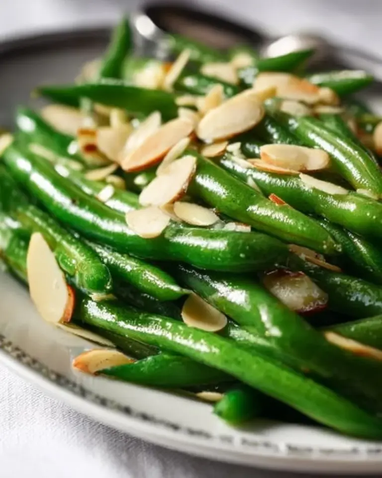 Plate of Almondine Green Beans garnished with toasted almonds