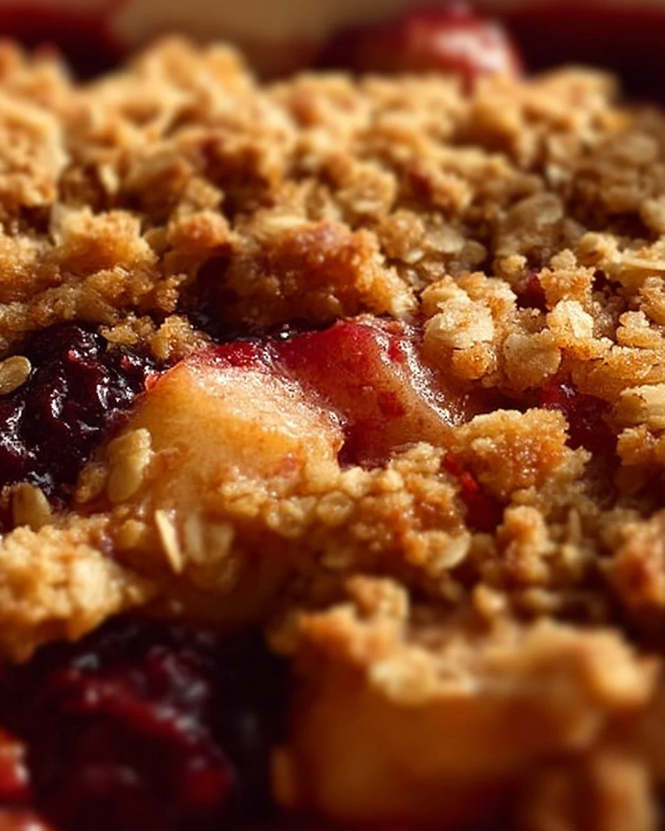 Delicious apple cranberry pecan crumble dessert topped with a crispy pecan crumble.