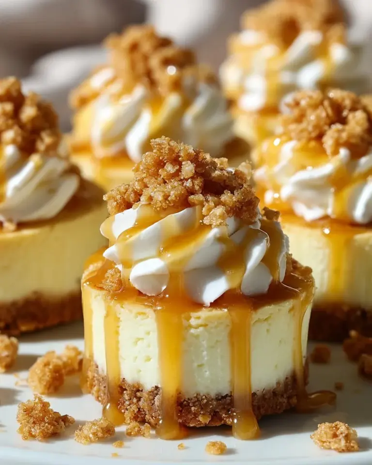 Delicious Apple Crisp Mini Cheesecakes topped with apple and crumble