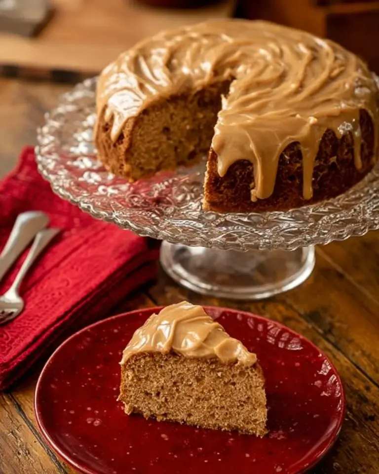 Delicious Apple Spice Cake topped with creamy caramel icing