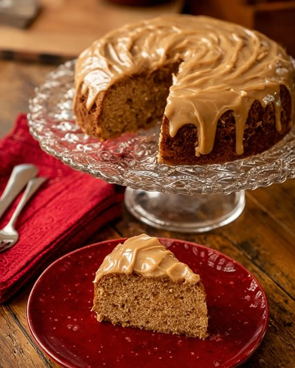 Delicious Apple Spice Cake topped with creamy caramel icing