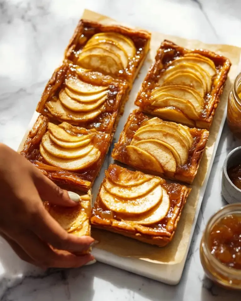 Delicious apple tart on puff pastry, beautifully arranged with fresh apples.