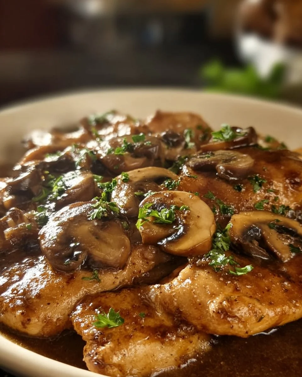 Plate of authentic Chicken Marsala with mushrooms and a rich wine sauce.