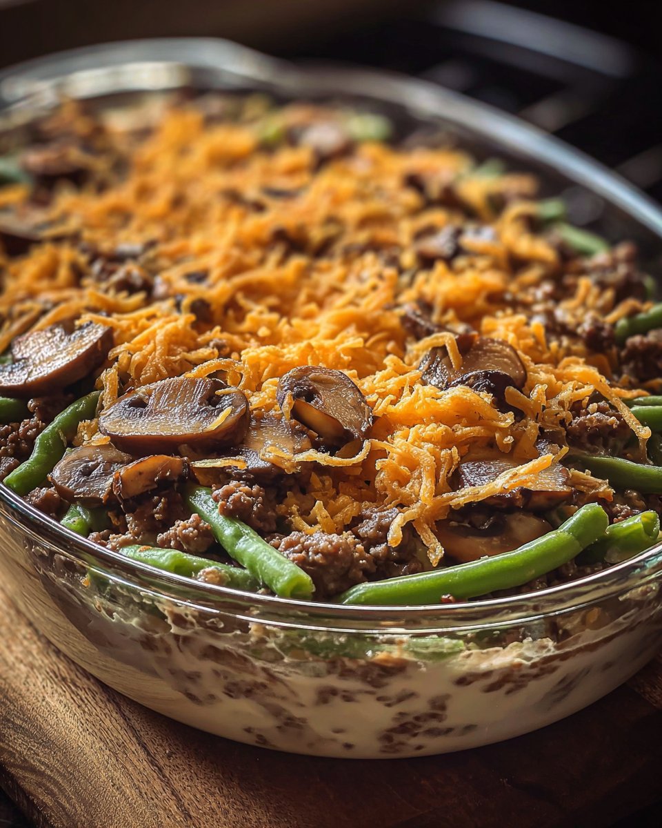 Hamburger Green Bean Casserole with Mushrooms made easy!