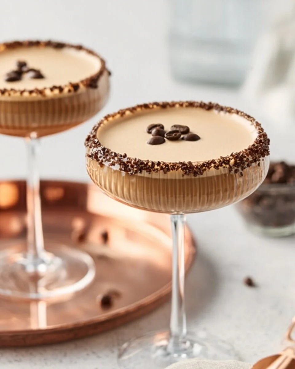 Baileys Espresso Martini cocktail with coffee beans and cream garnish