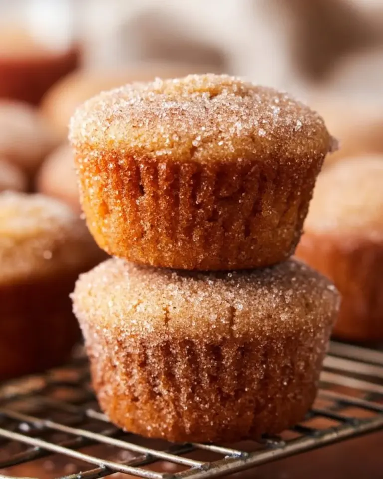 Baked apple cider donut muffins topped with cinnamon and sugar