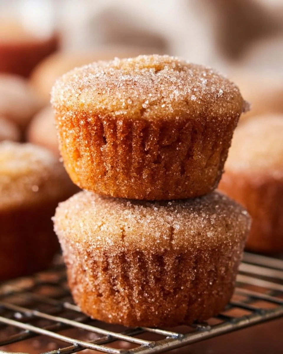 Baked apple cider donut muffins topped with cinnamon and sugar