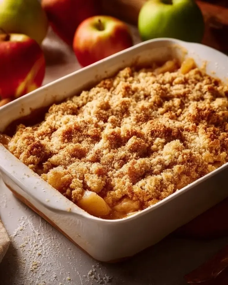 Delicious baked apple crumble with a golden topping and fresh apples