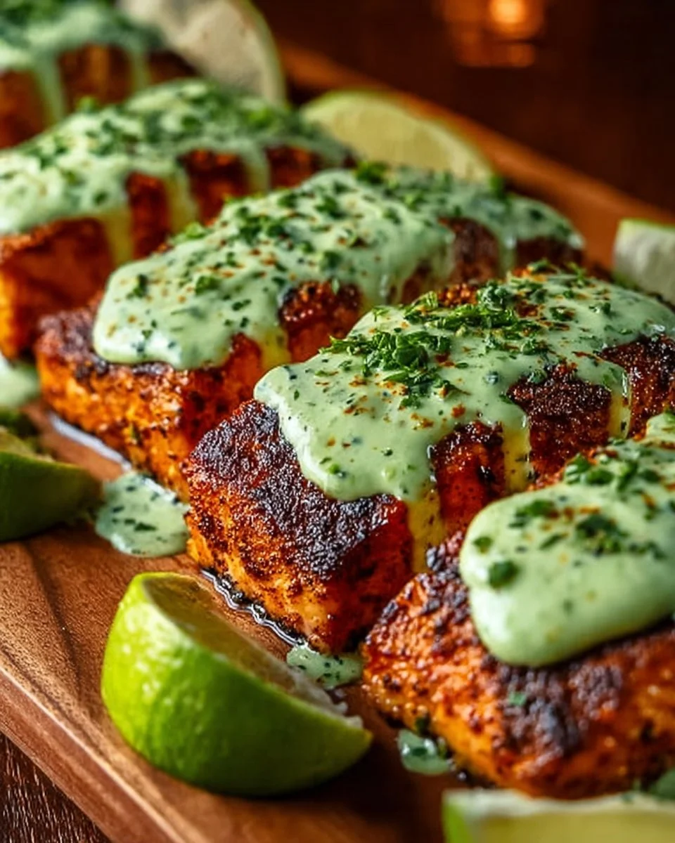 Baked Cajun Salmon drizzled with Avocado Lime Sauce on a plate