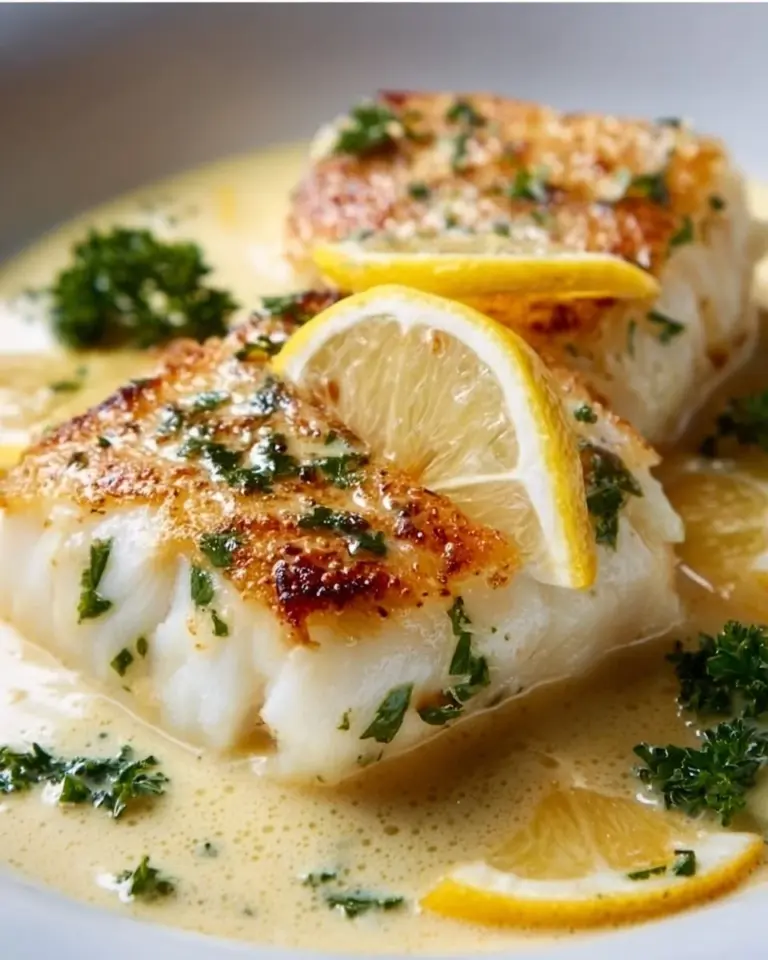 Baked Cod in creamy coconut lemon sauce served on a plate
