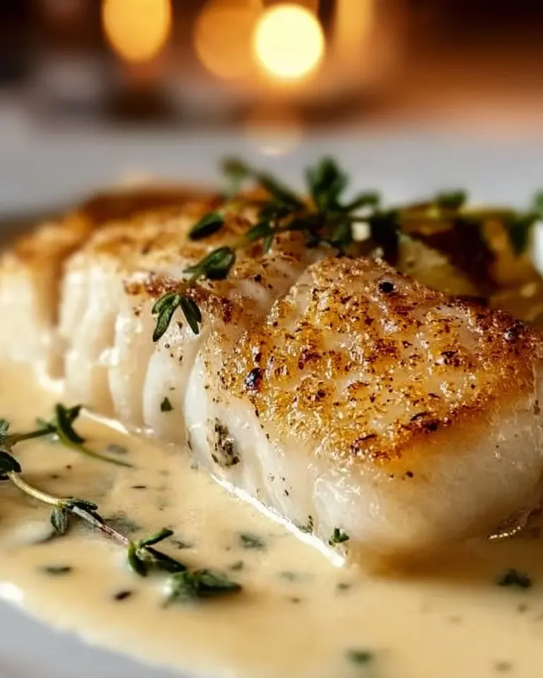 Baked cod fillets topped with coconut lemon cream sauce on a plate.