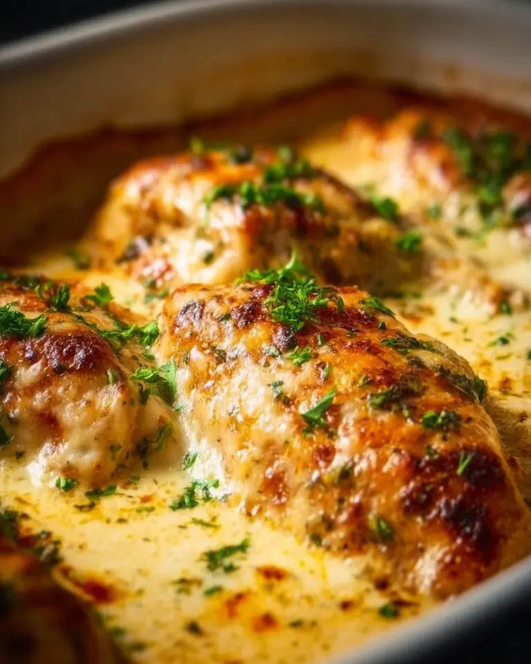 Baked Cream Cheese Chicken dish garnished with herbs and served on a plate