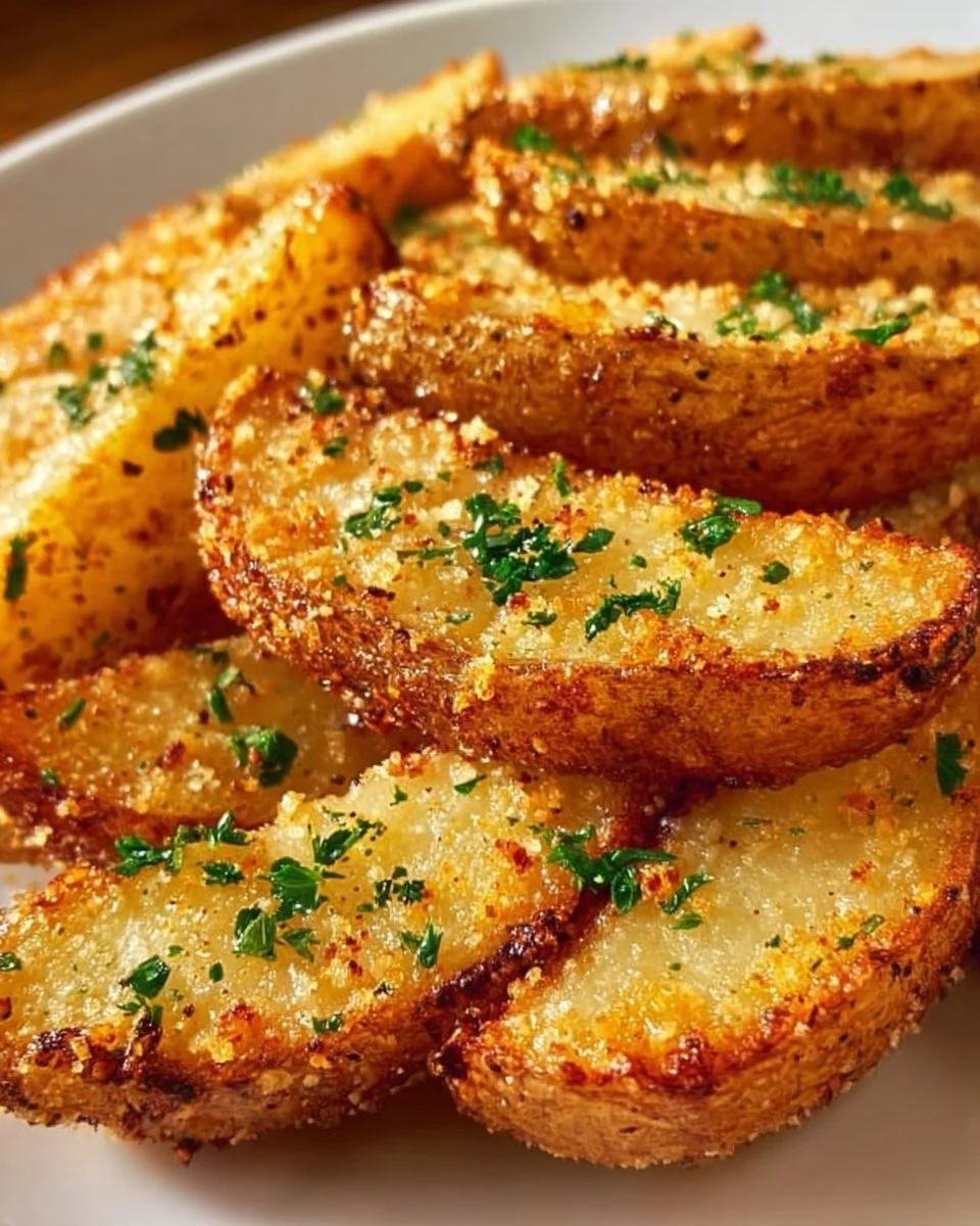Baked garlic parmesan potato wedges on a rustic wooden table