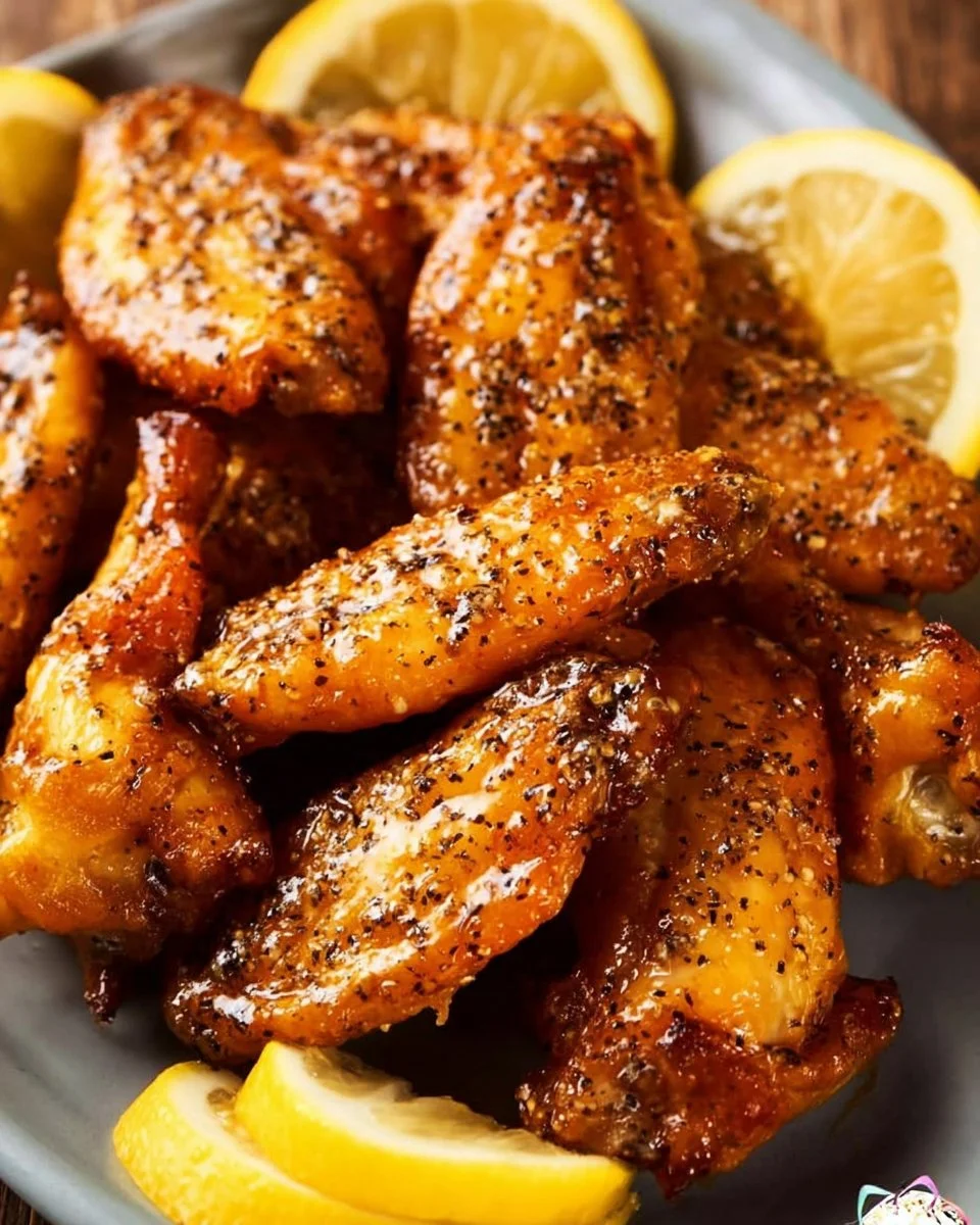 Baked Lemon Pepper Chicken Wings garnished with lemon and herbs