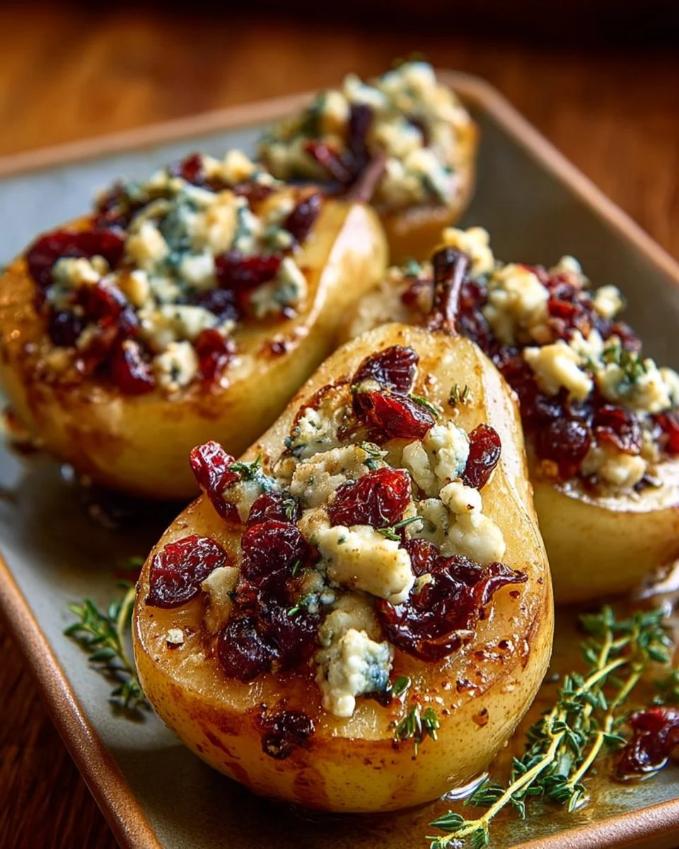 Baked pears with feta cheese, honey drizzle, and cranberries on a serving plate.