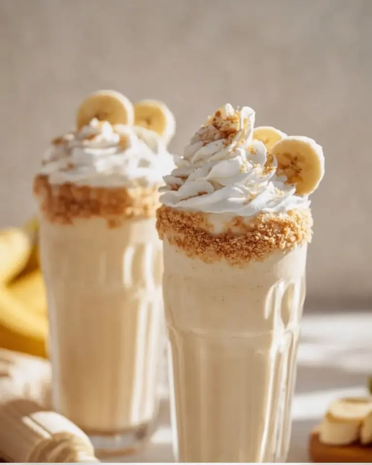 Refreshing Banana Cream Pie Milkshake garnished with whipped cream and banana slices
