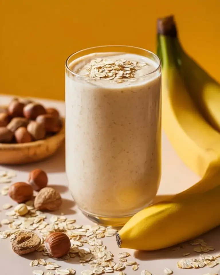 Banana Oatmeal Smoothie in a glass with oats and banana