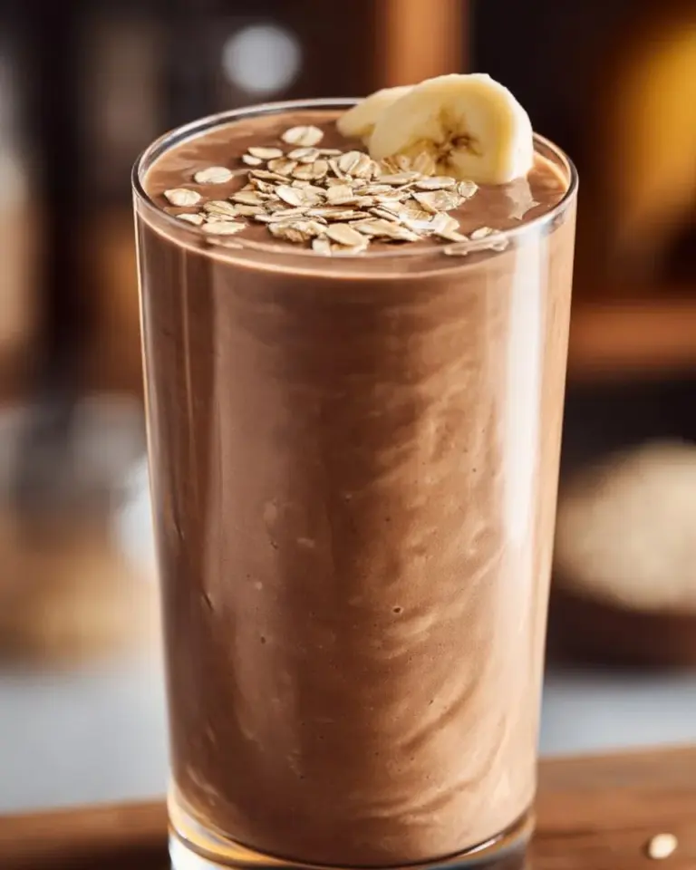 A refreshing Banana Protein Coffee Smoothie in a glass with banana and coffee beans.