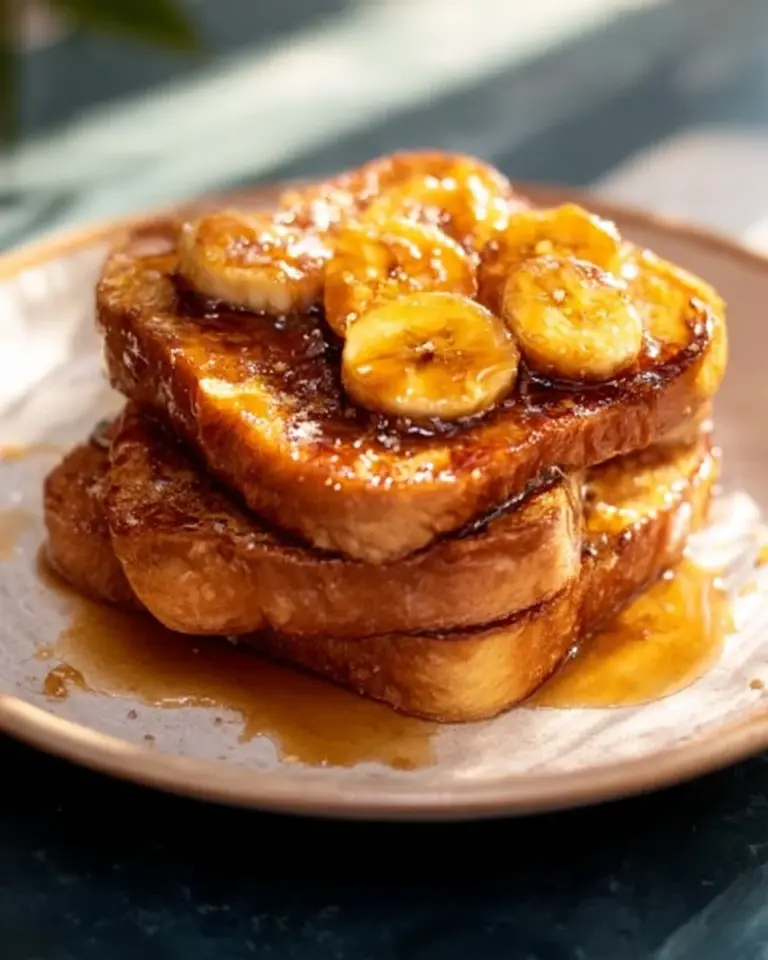 Plate of Bananas Foster French Toast topped with caramelized bananas and syrup