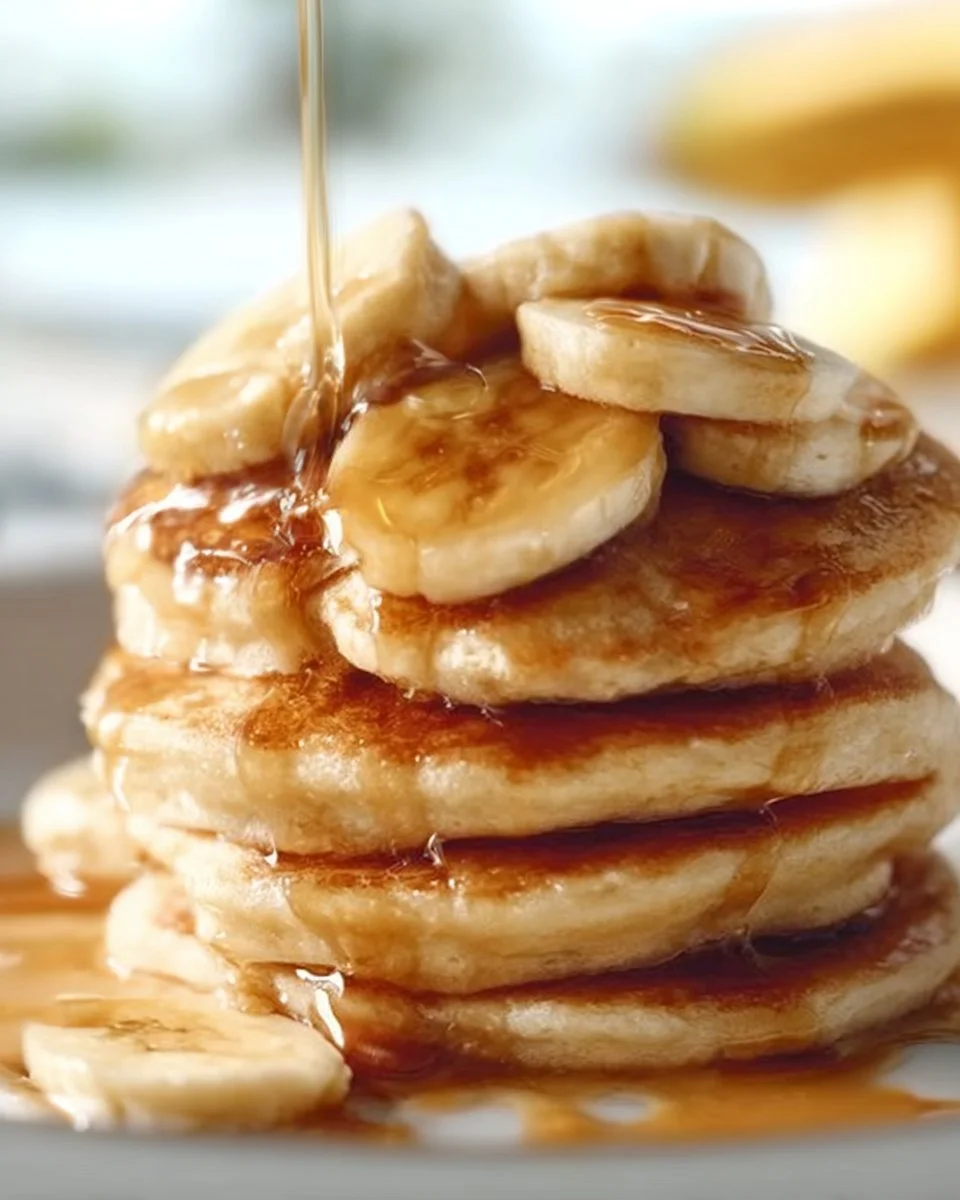 Fluffy Bananas Foster Pancakes topped with caramelized bananas and syrup