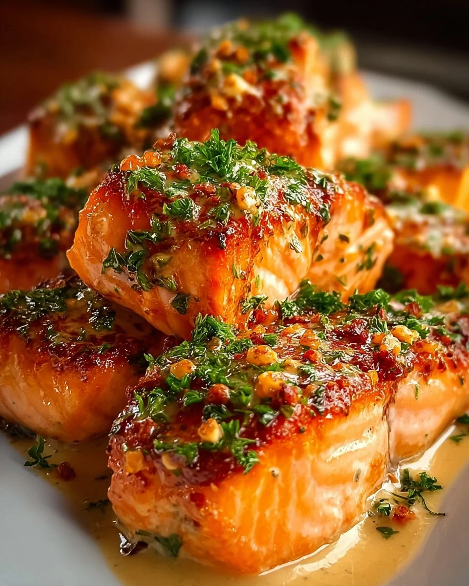 Bang Bang Salmon Bites with spicy sauce and garnishes on a plate