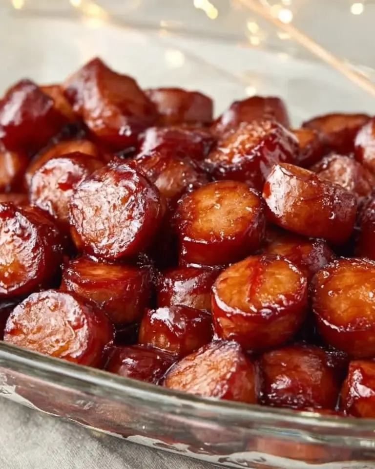 Plate of BBQ sausage bites served with dipping sauce.