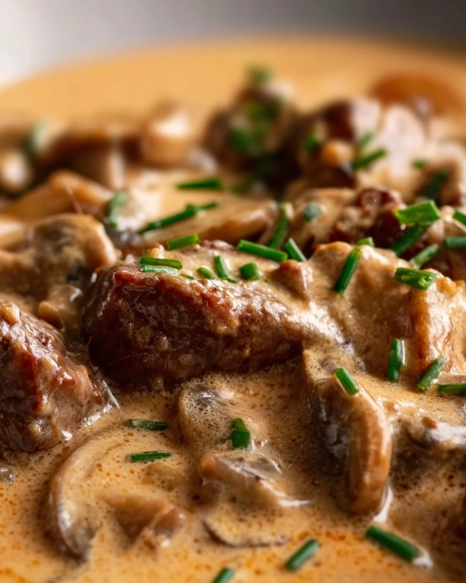 Delicious Beef Stroganoff garnished with parsley served over egg noodles.