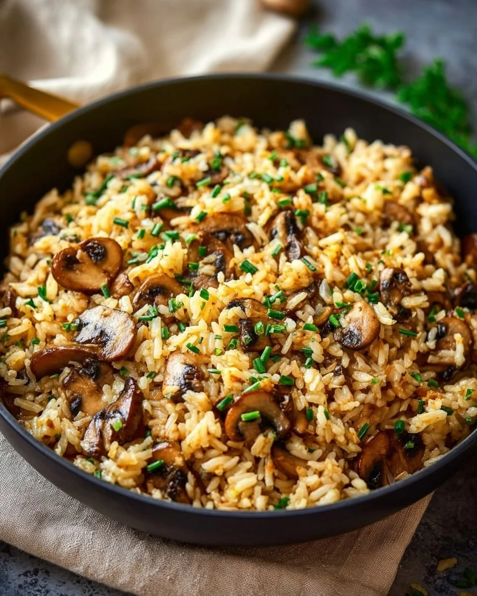Delicious bowl of mushroom rice garnished with fresh herbs
