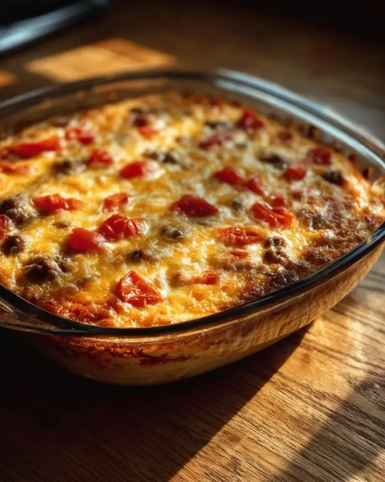 Delicious Bisquick breakfast casserole topped with cheese and herbs.