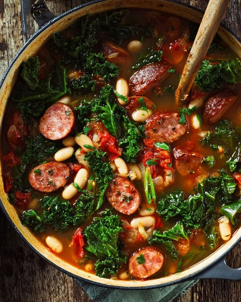 Bowl of Black-Eyed Pea Stew with Sausage and Kale garnished with herbs