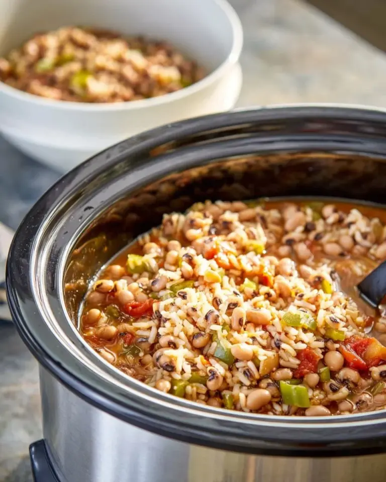 A bowl of black-eyed peas rice garnished with herbs