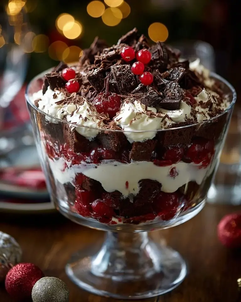 Delicious Black Forest Trifle with layers of chocolate, cherries, and cream