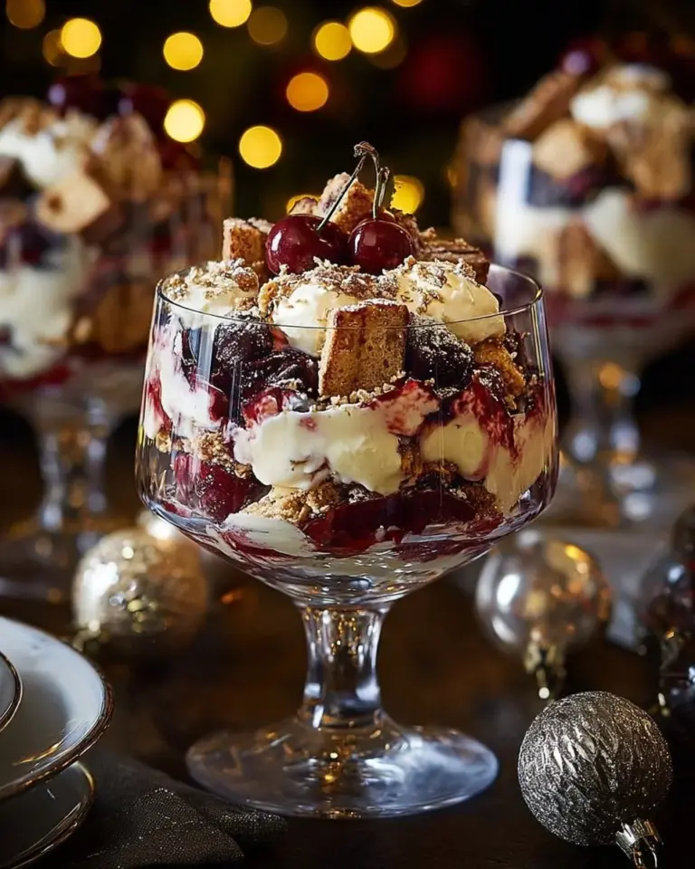 Delicious Black Forest Trifle layered with chocolate, cherries, and whipped cream